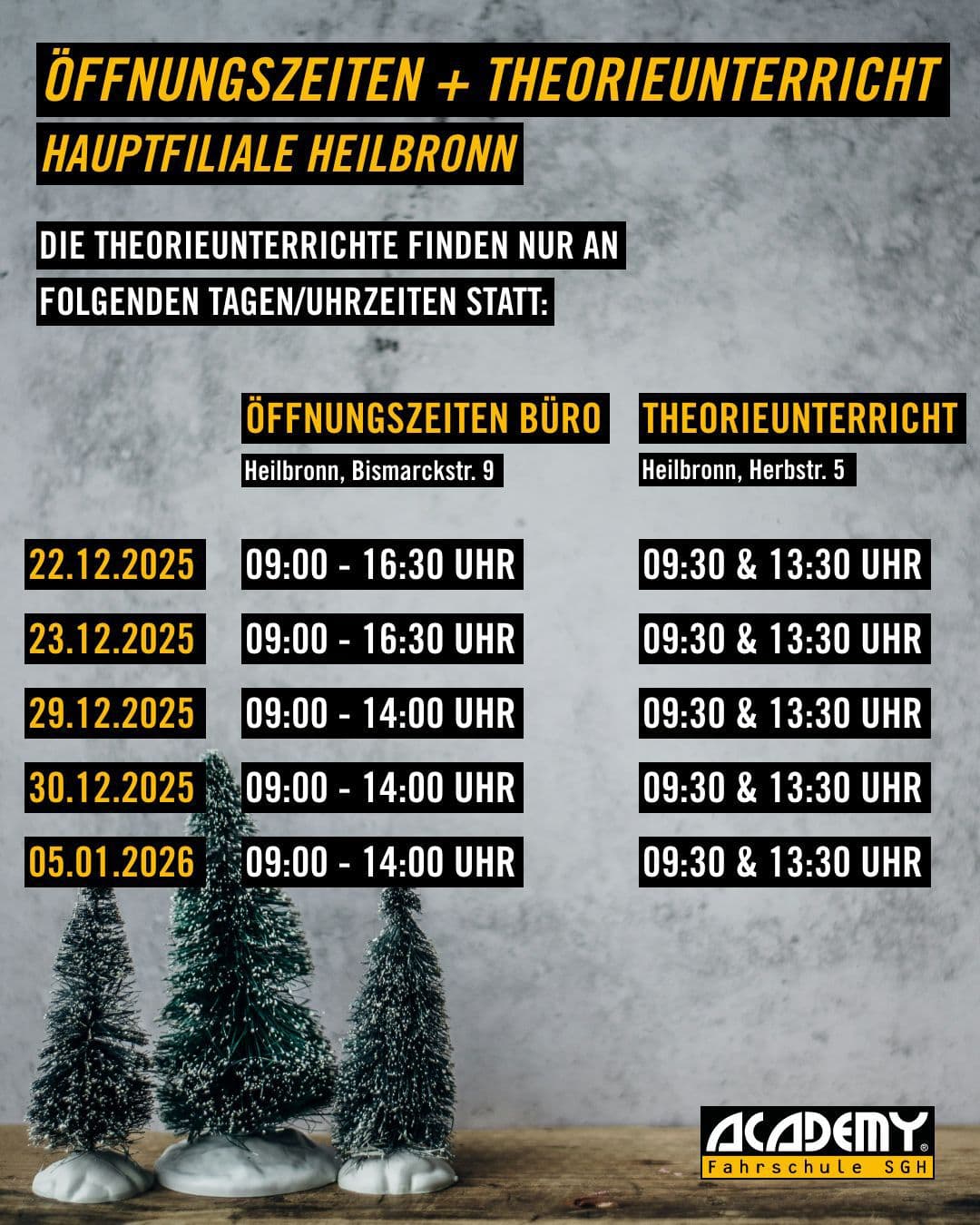 Öffnungszeiten + Theorieunterricht